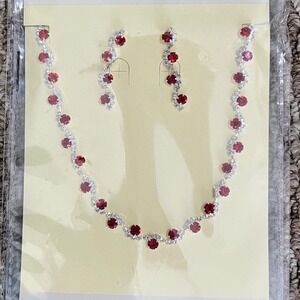 NWT Red Rhinestone Jewelry Set Necklace and Dangle‎ Earrings Prom Party